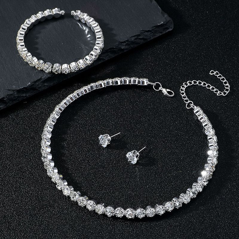 3-Piece Set Women's Fashion Necklace Bracelet Earrings Set Rhinestone Shiny Jewelry Necklace Set Girls Bridal Jewelry Jewelry Gift