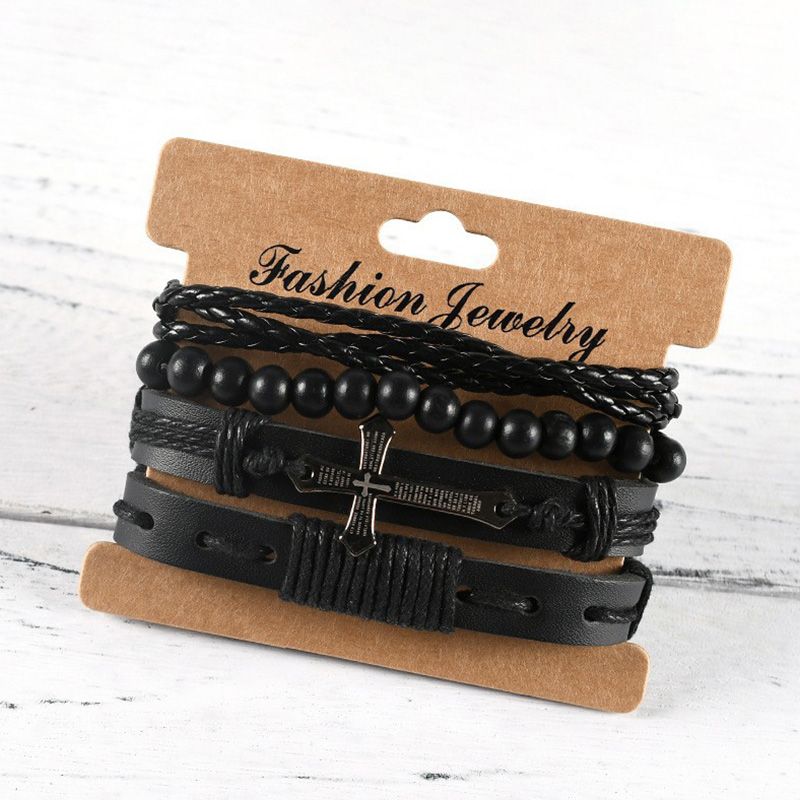 4 Pieces/Set Men's Fashion Personality Bracelet New Style Woven Set Combination Retro Bracelet Artificial Leather Hand Ornaments Cross Metal Jewelry Birthday Gift