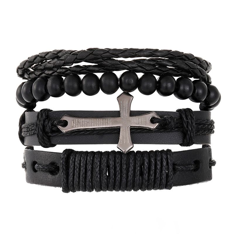 4 Pieces/Set Men's Fashion Personality Bracelet New Style Woven Set Combination Retro Bracelet Artificial Leather Hand Ornaments Cross Metal Jewelry Birthday Gift