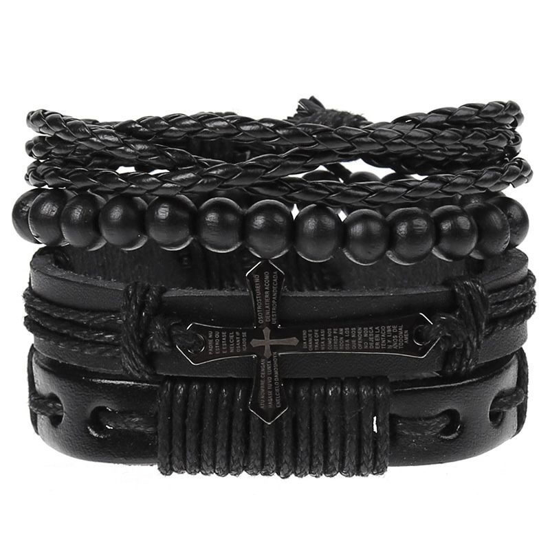 4 Pieces/Set Men's Fashion Personality Bracelet New Style Woven Set Combination Retro Bracelet Artificial Leather Hand Ornaments Cross Metal Jewelry Birthday Gift