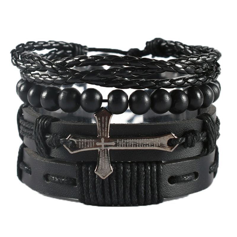 4 Pieces/Set Men's Fashion Personality Bracelet New Style Woven Set Combination Retro Bracelet Artificial Leather Hand Ornaments Cross Metal Jewelry Birthday Gift