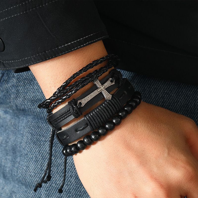4 Pieces/Set Men's Fashion Personality Bracelet New Style Woven Set Combination Retro Bracelet Artificial Leather Hand Ornaments Cross Metal Jewelry Birthday Gift