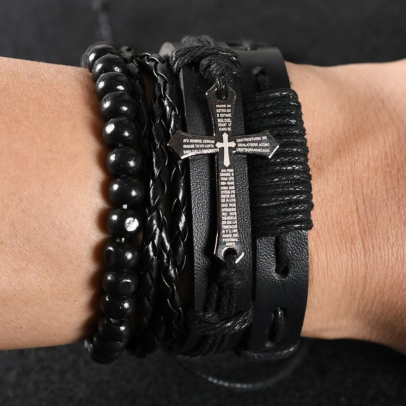 4 Pieces/Set Men's Fashion Personality Bracelet New Style Woven Set Combination Retro Bracelet Artificial Leather Hand Ornaments Cross Metal Jewelry Birthday Gift