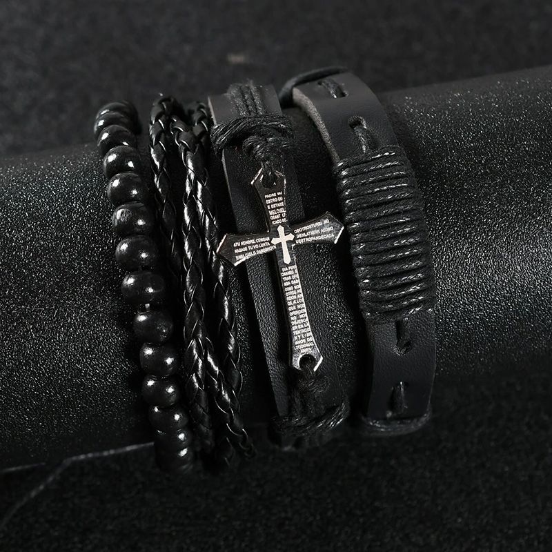 4 Pieces/Set Men's Fashion Personality Bracelet New Style Woven Set Combination Retro Bracelet Artificial Leather Hand Ornaments Cross Metal Jewelry Birthday Gift