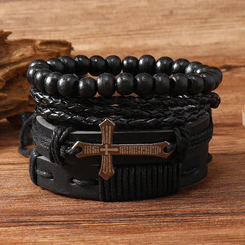 4 Pieces/Set Men's Fashion Personality Bracelet New Style Woven Set Combination Retro Bracelet Artificial Leather Hand Ornaments Cross Metal Jewelry Birthday Gift