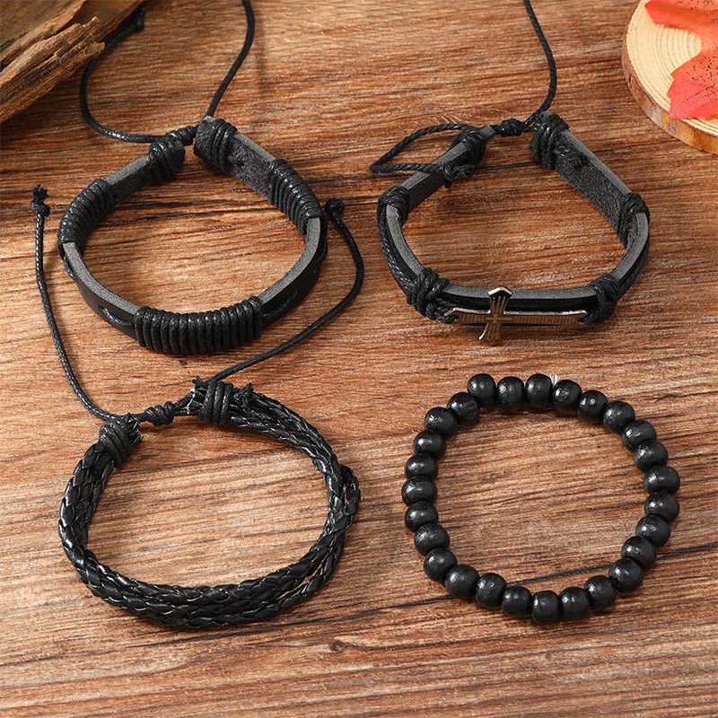 4 Pieces/Set Men's Fashion Personality Bracelet New Style Woven Set Combination Retro Bracelet Artificial Leather Hand Ornaments Cross Metal Jewelry Birthday Gift