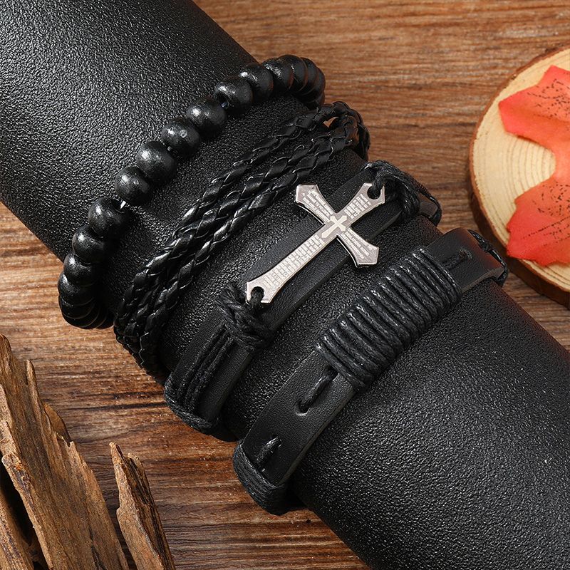4 Pieces/Set Men's Fashion Personality Bracelet New Style Woven Set Combination Retro Bracelet Artificial Leather Hand Ornaments Cross Metal Jewelry Birthday Gift