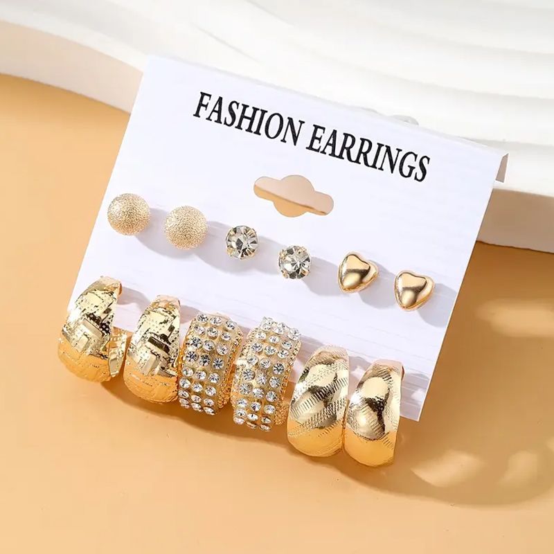 6 Pairs/Pack Women'S Fashion Personality Literary Creative Love Metal Earrings Retro Geometric Hammered Pattern Earrings Set Combination Jewelry Birthday Gift Diamond Earrings