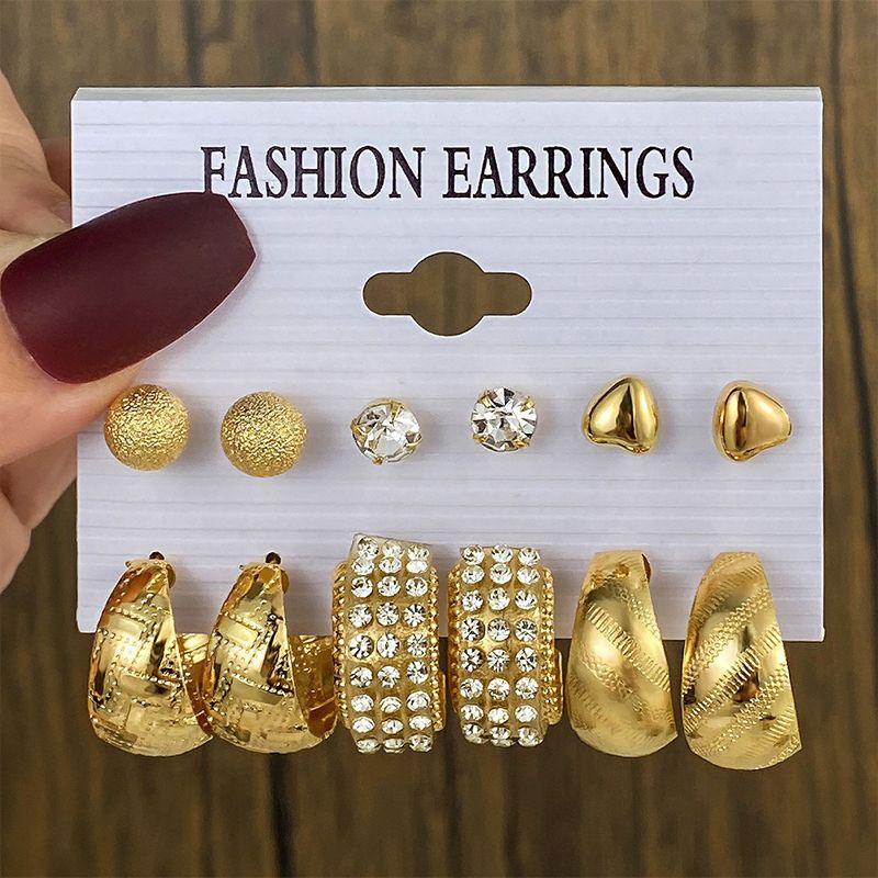 6 Pairs/Pack Women'S Fashion Personality Literary Creative Love Metal Earrings Retro Geometric Hammered Pattern Earrings Set Combination Jewelry Birthday Gift Diamond Earrings