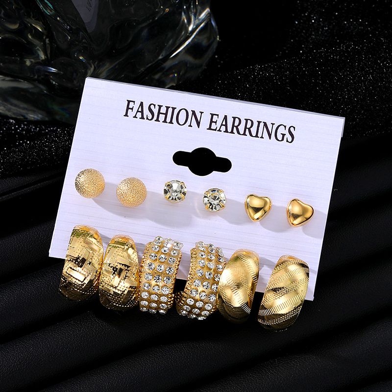6 Pairs/Pack Women'S Fashion Personality Literary Creative Love Metal Earrings Retro Geometric Hammered Pattern Earrings Set Combination Jewelry Birthday Gift Diamond Earrings