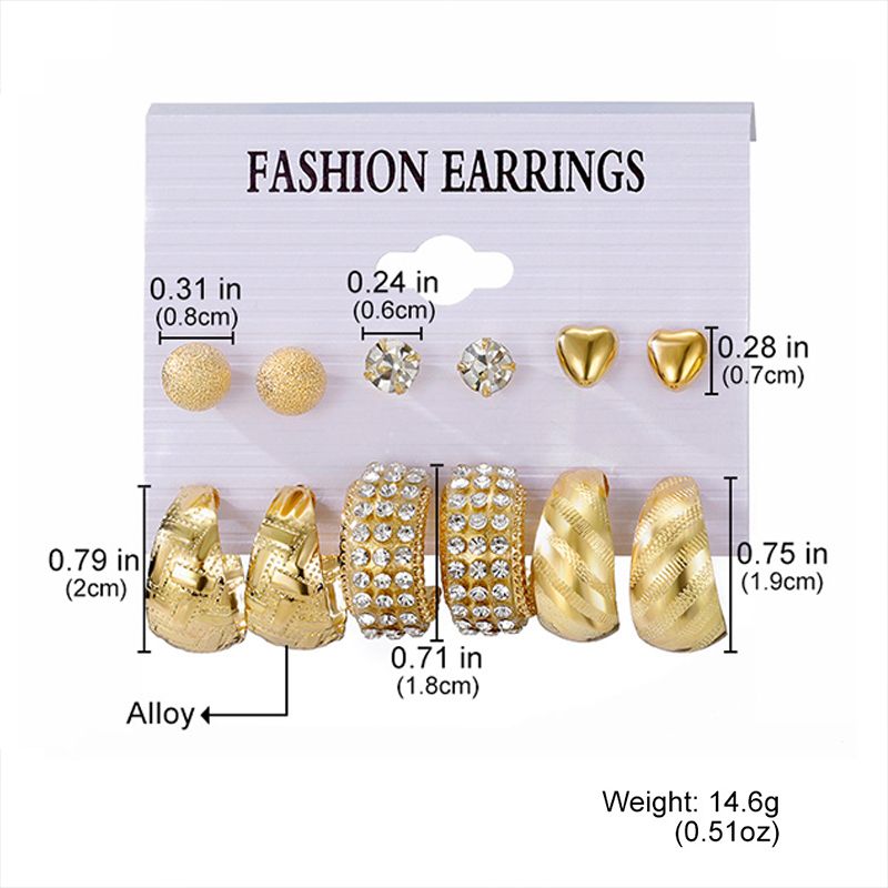 6 Pairs/Pack Women'S Fashion Personality Literary Creative Love Metal Earrings Retro Geometric Hammered Pattern Earrings Set Combination Jewelry Birthday Gift Diamond Earrings