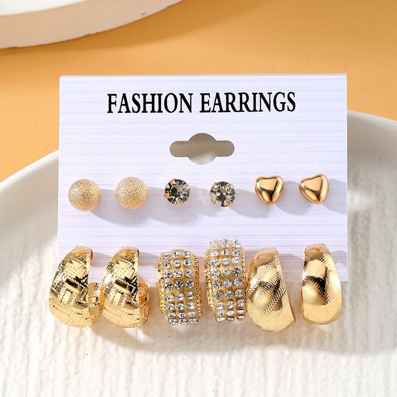 6 Pairs/Pack Women'S Fashion Personality Literary Creative Love Metal Earrings Retro Geometric Hammered Pattern Earrings Set Combination Jewelry Birthday Gift Diamond Earrings