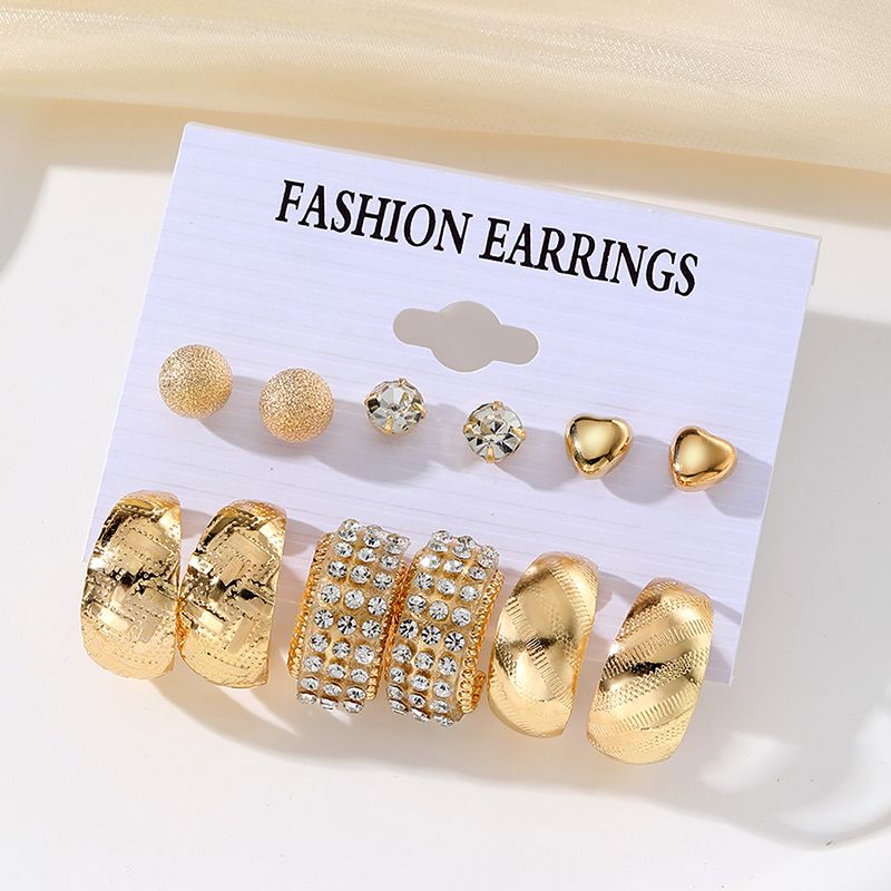 6 Pairs/Pack Women'S Fashion Personality Literary Creative Love Metal Earrings Retro Geometric Hammered Pattern Earrings Set Combination Jewelry Birthday Gift Diamond Earrings