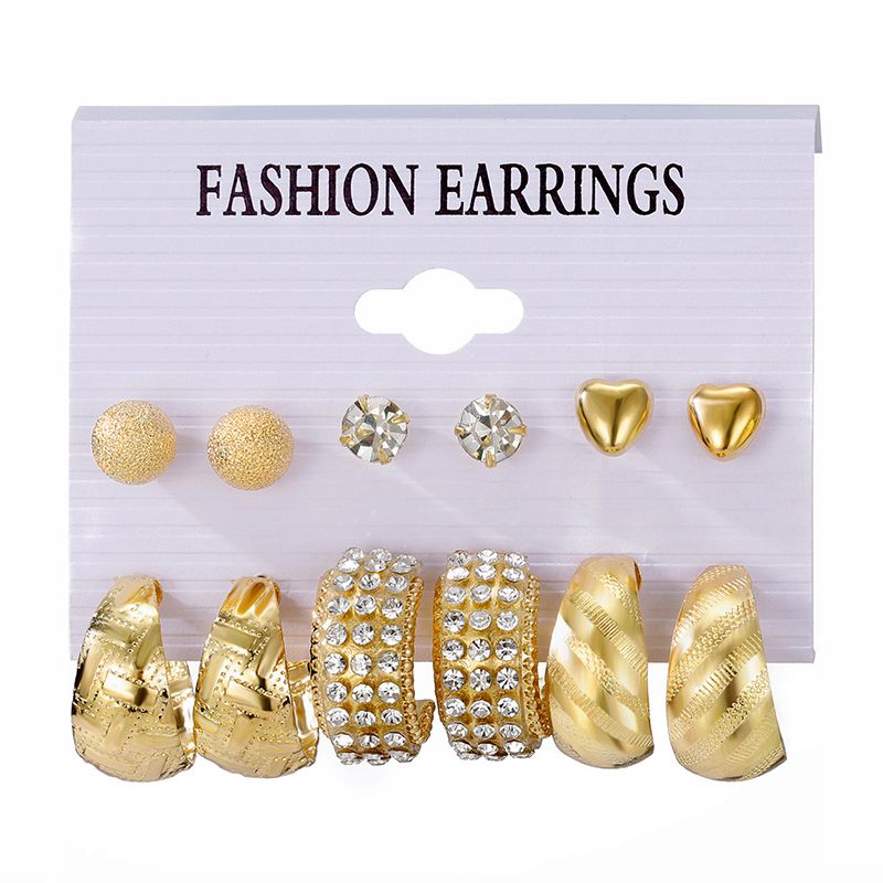 6 Pairs/Pack Women'S Fashion Personality Literary Creative Love Metal Earrings Retro Geometric Hammered Pattern Earrings Set Combination Jewelry Birthday Gift Diamond Earrings