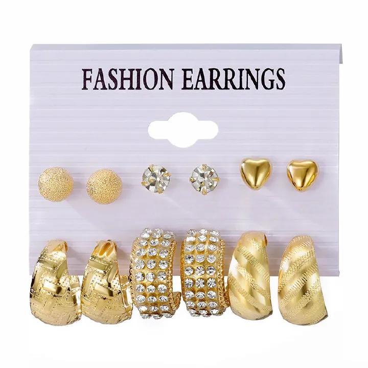 6 Pairs/Pack Women'S Fashion Personality Literary Creative Love Metal Earrings Retro Geometric Hammered Pattern Earrings Set Combination Jewelry Birthday Gift Diamond Earrings