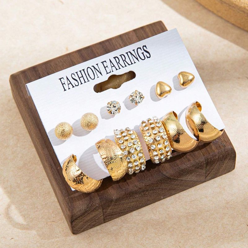 6 Pairs/Pack Women'S Fashion Personality Literary Creative Love Metal Earrings Retro Geometric Hammered Pattern Earrings Set Combination Jewelry Birthday Gift Diamond Earrings