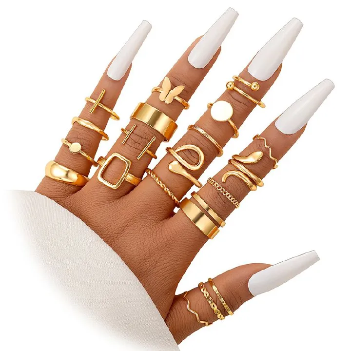 21 pieces/set Women's Fashion Personalized Snake Butterfly Multi-jointed Ring Animal Retro Men's and Women's Ring Set Combination Jewelry Birthday Gift Ring