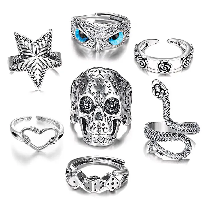 7 pieces/set Fashion Women's Ring Set Retro Skull Snake Starfish Personalized Multi-jointed Ring Men's and Women's Ring Set Combination Jewelry Birthday Gift