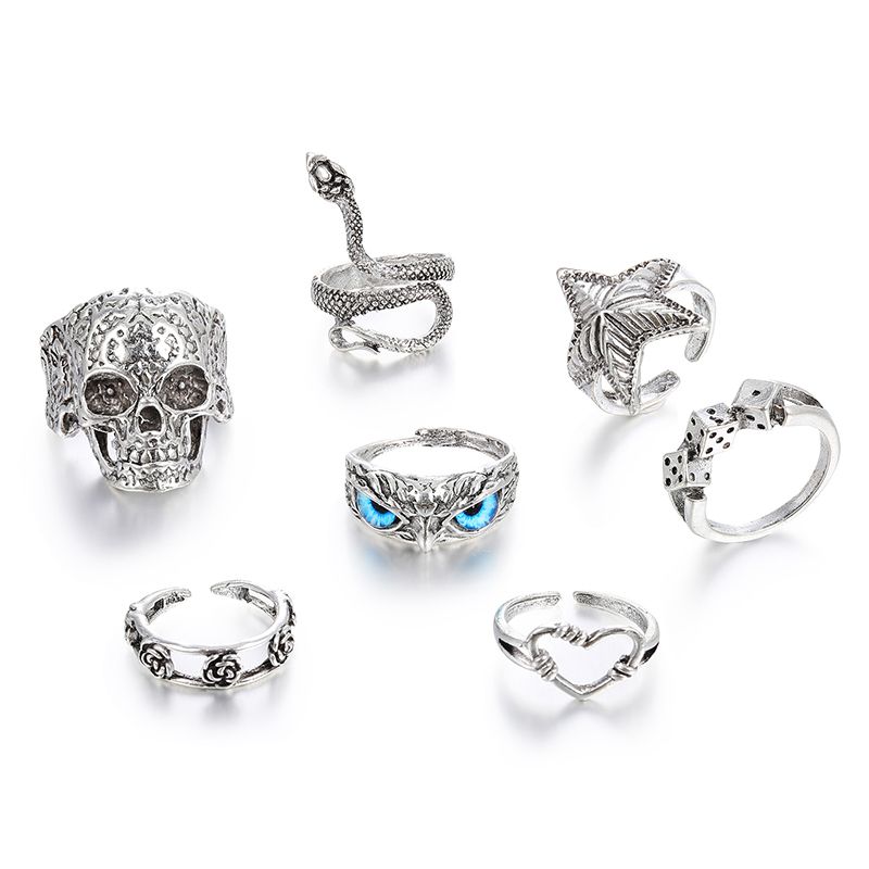 7 pieces/set Fashion Women's Ring Set Retro Skull Snake Starfish Personalized Multi-jointed Ring Men's and Women's Ring Set Combination Jewelry Birthday Gift