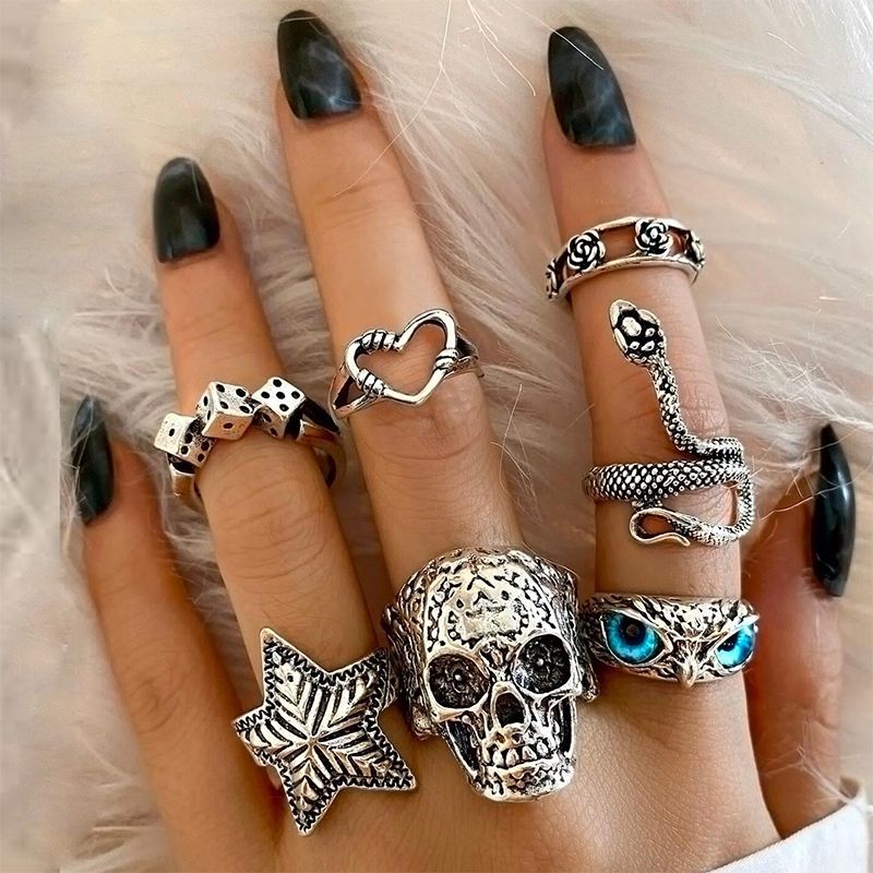 7 pieces/set Fashion Women's Ring Set Retro Skull Snake Starfish Personalized Multi-jointed Ring Men's and Women's Ring Set Combination Jewelry Birthday Gift