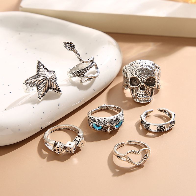 7 pieces/set Fashion Women's Ring Set Retro Skull Snake Starfish Personalized Multi-jointed Ring Men's and Women's Ring Set Combination Jewelry Birthday Gift