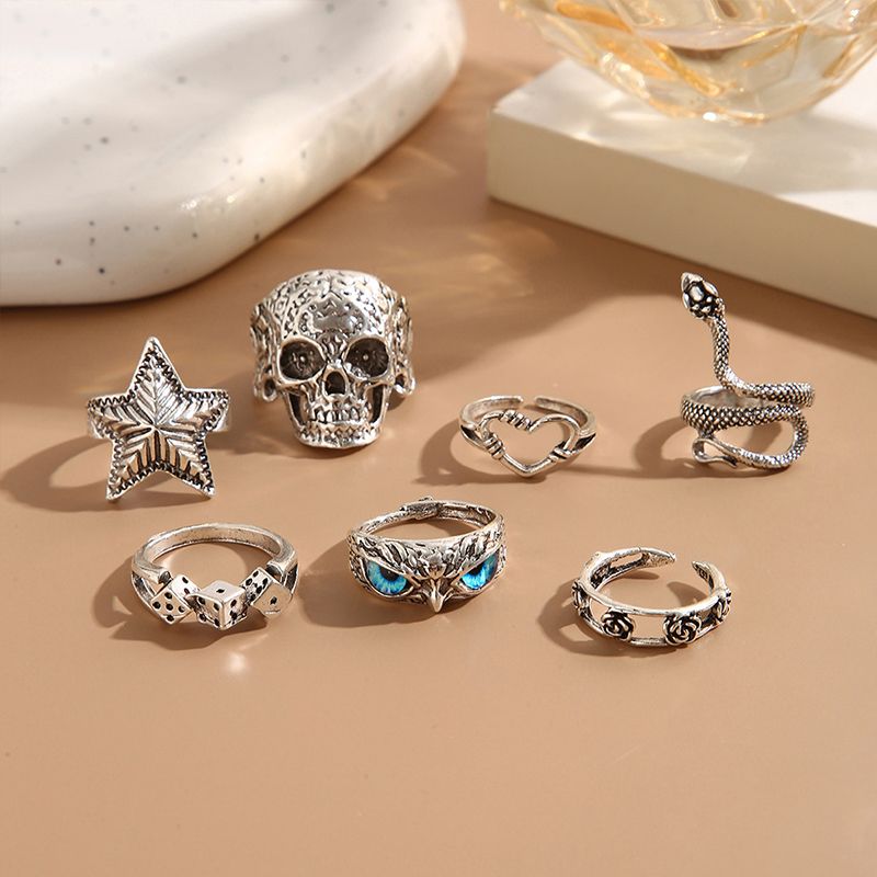 7 pieces/set Fashion Women's Ring Set Retro Skull Snake Starfish Personalized Multi-jointed Ring Men's and Women's Ring Set Combination Jewelry Birthday Gift