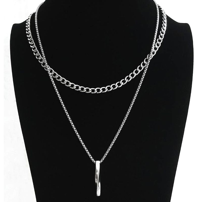 Men's Double-Layer Cuban Necklace Hip-Hop Fashion Casual Personality Geometric Twisted Long Pendant New All-Match Fashion Light Luxury Metal Feel