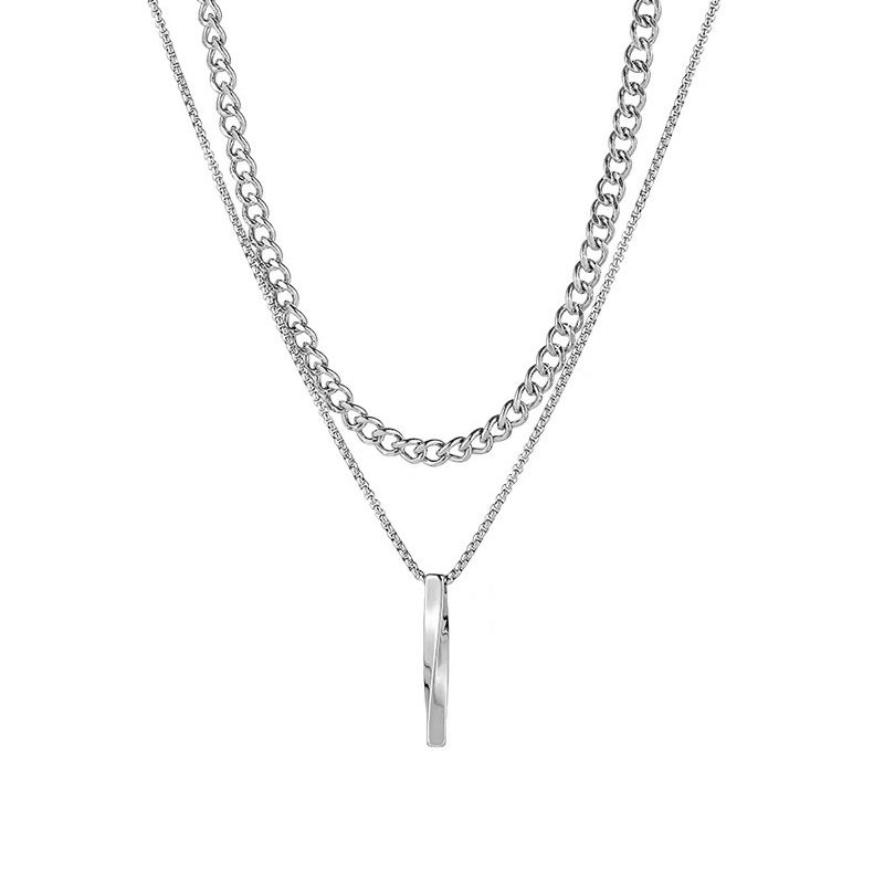 Men's Double-Layer Cuban Necklace Hip-Hop Fashion Casual Personality Geometric Twisted Long Pendant New All-Match Fashion Light Luxury Metal Feel