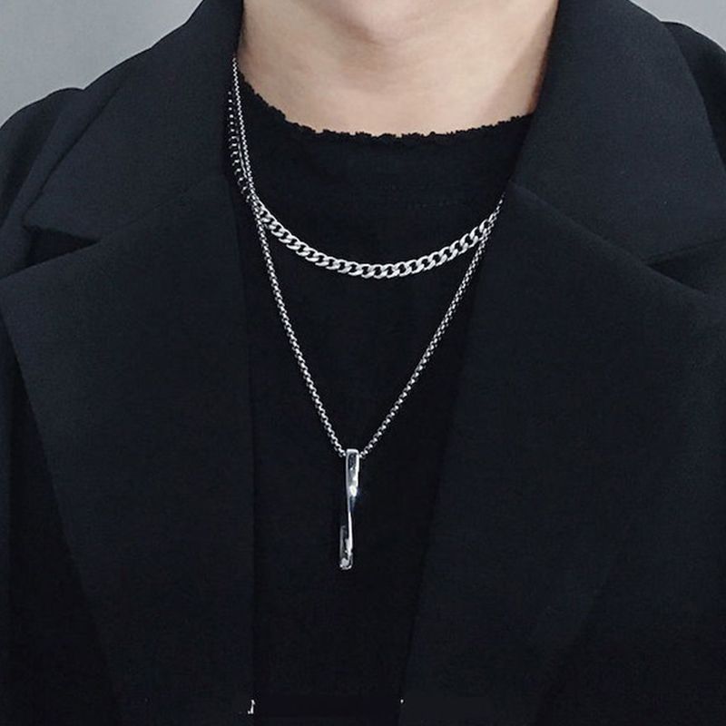 Men's Double-Layer Cuban Necklace Hip-Hop Fashion Casual Personality Geometric Twisted Long Pendant New All-Match Fashion Light Luxury Metal Feel