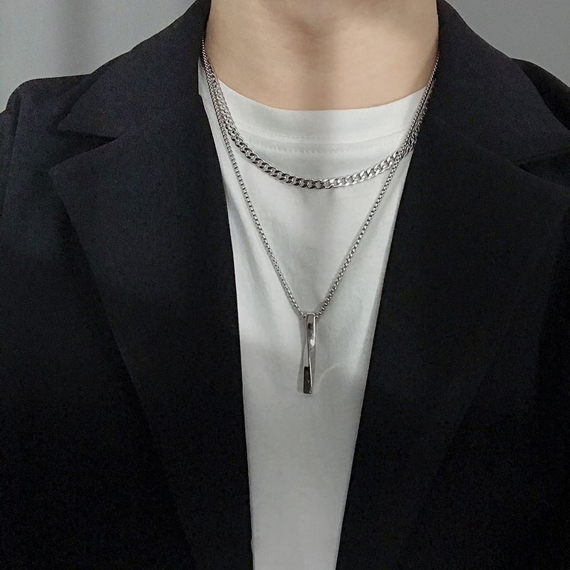 Men's Double-Layer Cuban Necklace Hip-Hop Fashion Casual Personality Geometric Twisted Long Pendant New All-Match Fashion Light Luxury Metal Feel