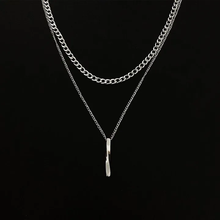 Men's Double-Layer Cuban Necklace Hip-Hop Fashion Casual Personality Geometric Twisted Long Pendant New All-Match Fashion Light Luxury Metal Feel