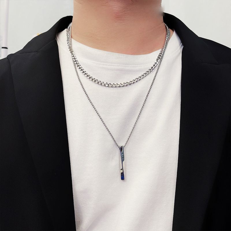Men's Double-Layer Cuban Necklace Hip-Hop Fashion Casual Personality Geometric Twisted Long Pendant New All-Match Fashion Light Luxury Metal Feel