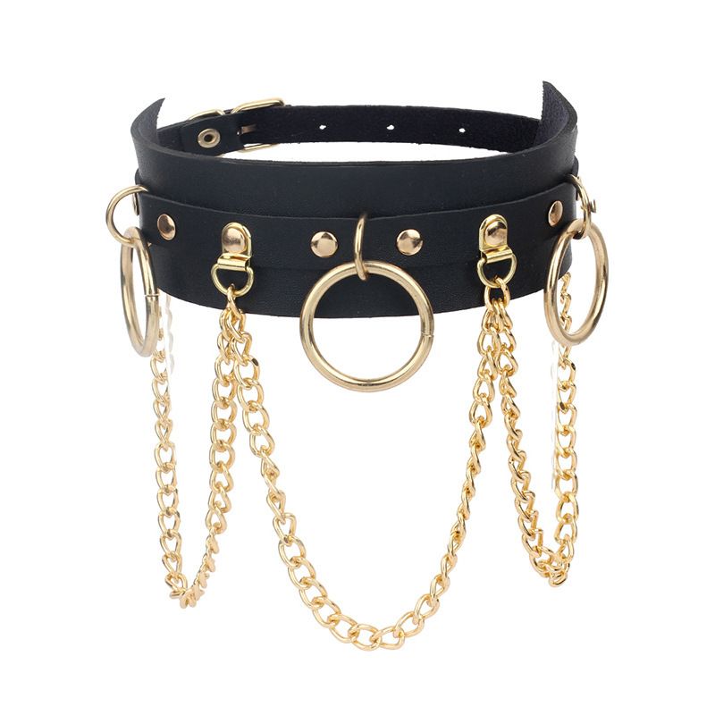 Women's Fashion Accessories Pu Leather Neck Chain Necklace Nightclub Round Ring Chain Trendy Personality High-End Women'S Accessories New Style Necklace Chokers