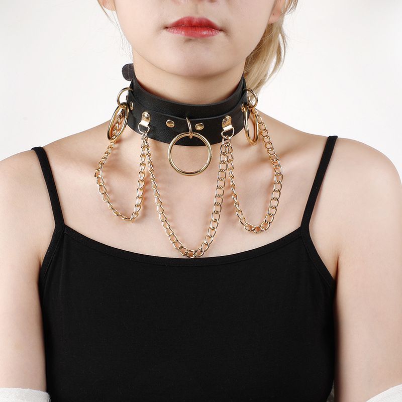 Women's Fashion Accessories Pu Leather Neck Chain Necklace Nightclub Round Ring Chain Trendy Personality High-End Women'S Accessories New Style Necklace Chokers