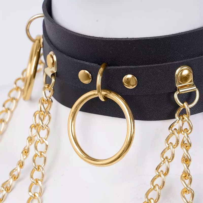 Women's Fashion Accessories Pu Leather Neck Chain Necklace Nightclub Round Ring Chain Trendy Personality High-End Women'S Accessories New Style Necklace Chokers