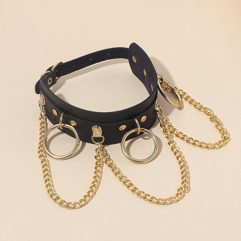 Women's Fashion Accessories Pu Leather Neck Chain Necklace Nightclub Round Ring Chain Trendy Personality High-End Women'S Accessories New Style Necklace Chokers