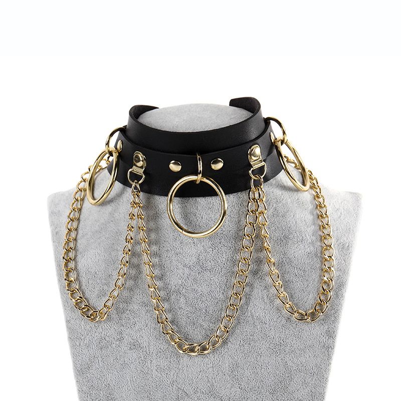 Women's Fashion Accessories Pu Leather Neck Chain Necklace Nightclub Round Ring Chain Trendy Personality High-End Women'S Accessories New Style Necklace Chokers