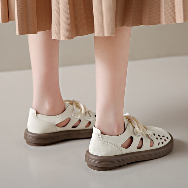 Roman Sandals Women's New Hollow Breathable Single Shoes Thick-soled Retro Leather Casual Closed-toe Hole Shoes