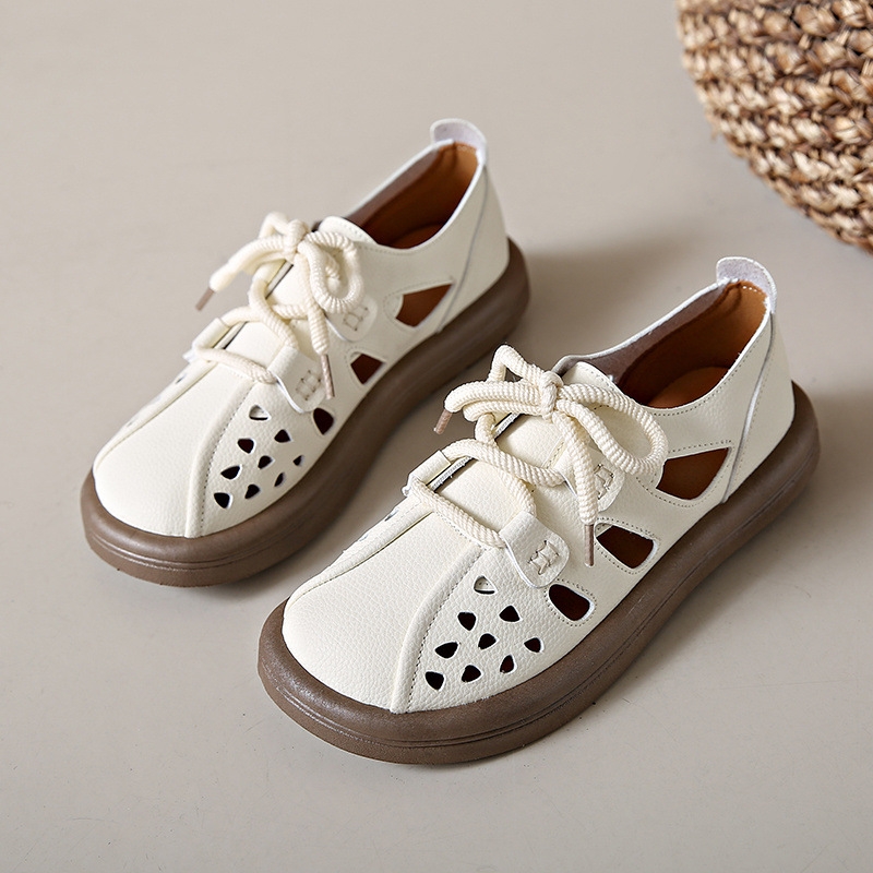 Roman Sandals Women's New Hollow Breathable Single Shoes Thick-soled Retro Leather Casual Closed-toe Hole Shoes