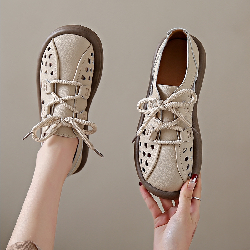 Roman Sandals Women's New Hollow Breathable Single Shoes Thick-soled Retro Leather Casual Closed-toe Hole Shoes