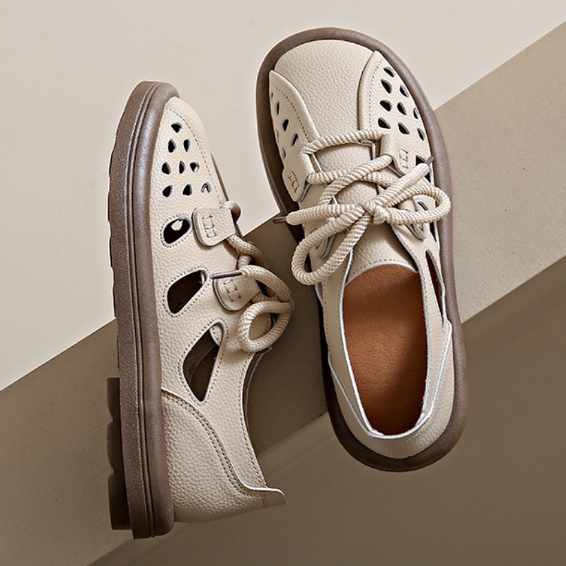 Roman Sandals Women's New Hollow Breathable Single Shoes Thick-soled Retro Leather Casual Closed-toe Hole Shoes