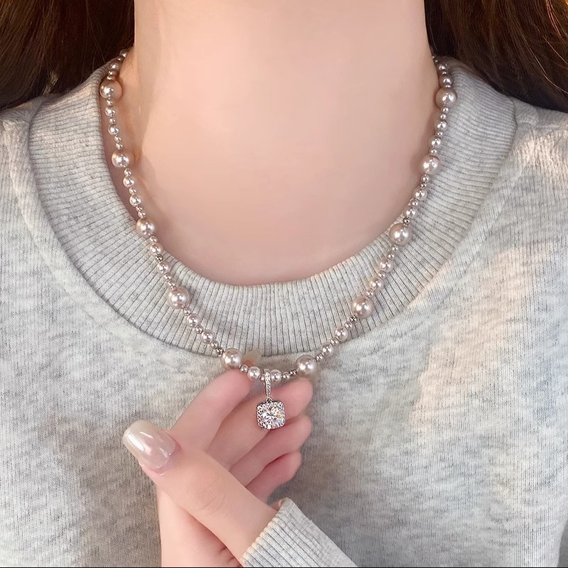 New Simple Pearl Necklace Bubble Sugar Cube Rhinestone Sweater Clavicle Chain Female Pendant Jewelry