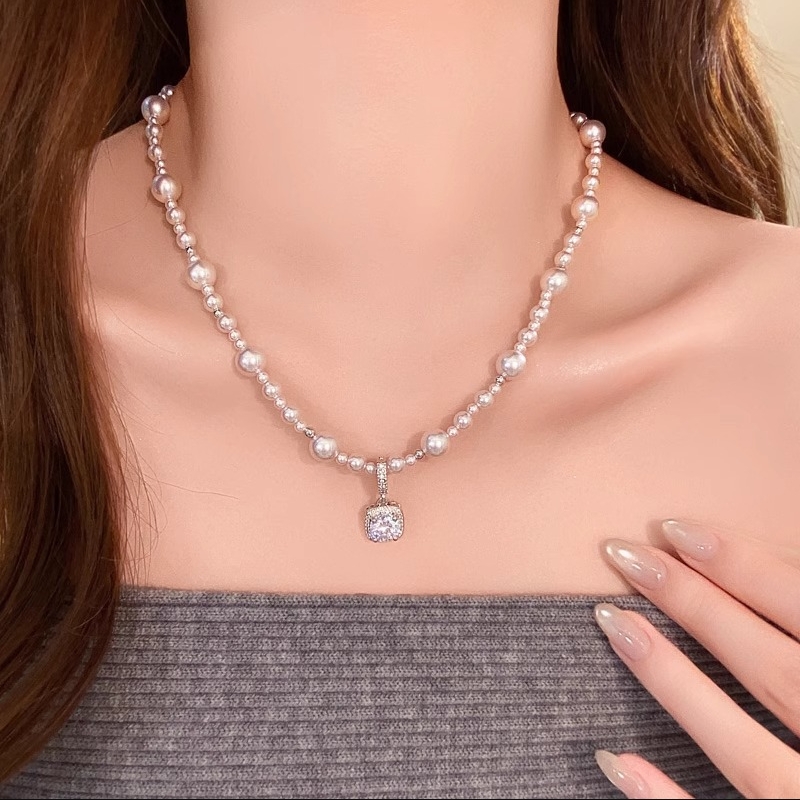 New Simple Pearl Necklace Bubble Sugar Cube Rhinestone Sweater Clavicle Chain Female Pendant Jewelry