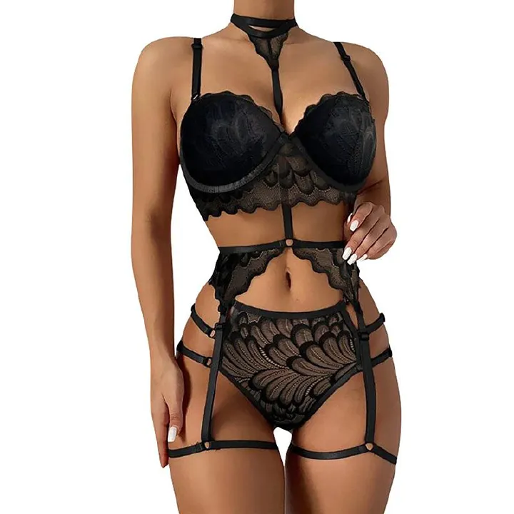Women's Clothing Lingerie Sets Large size three-piece women's sexy suspender sequined silver silk nightgown sexy lingerie set