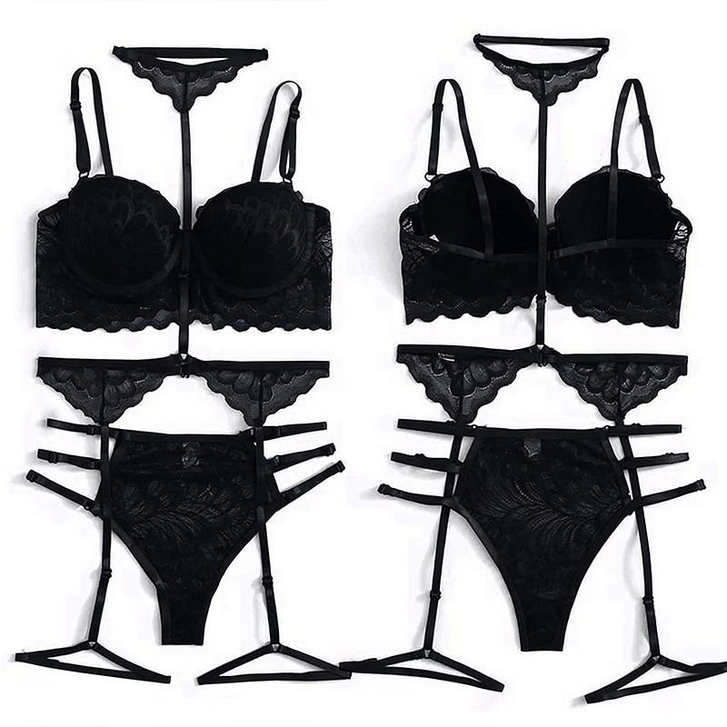 Women's Clothing Lingerie Sets Large size three-piece women's sexy suspender sequined silver silk nightgown sexy lingerie set