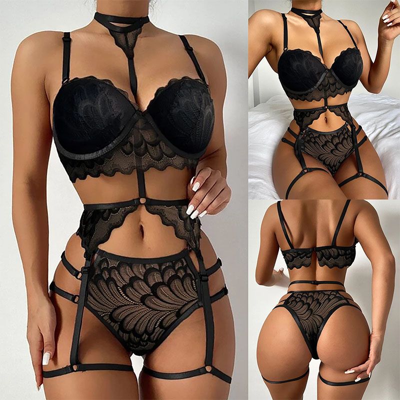 Women's Clothing Lingerie Sets Large size three-piece women's sexy suspender sequined silver silk nightgown sexy lingerie set