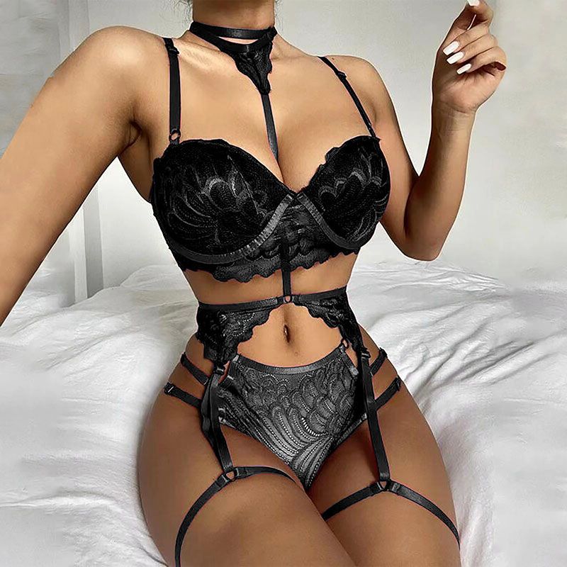Women's Clothing Lingerie Sets Large size three-piece women's sexy suspender sequined silver silk nightgown sexy lingerie set