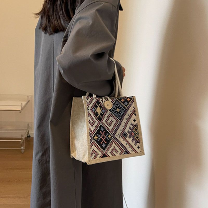 Women'S Bags Top-Handle Bags National Style Canvas Bag Women'S New Fashion Outing Portable Linen Lunch Box Lunch Bag Hand-Held Mommy Bag Handbag