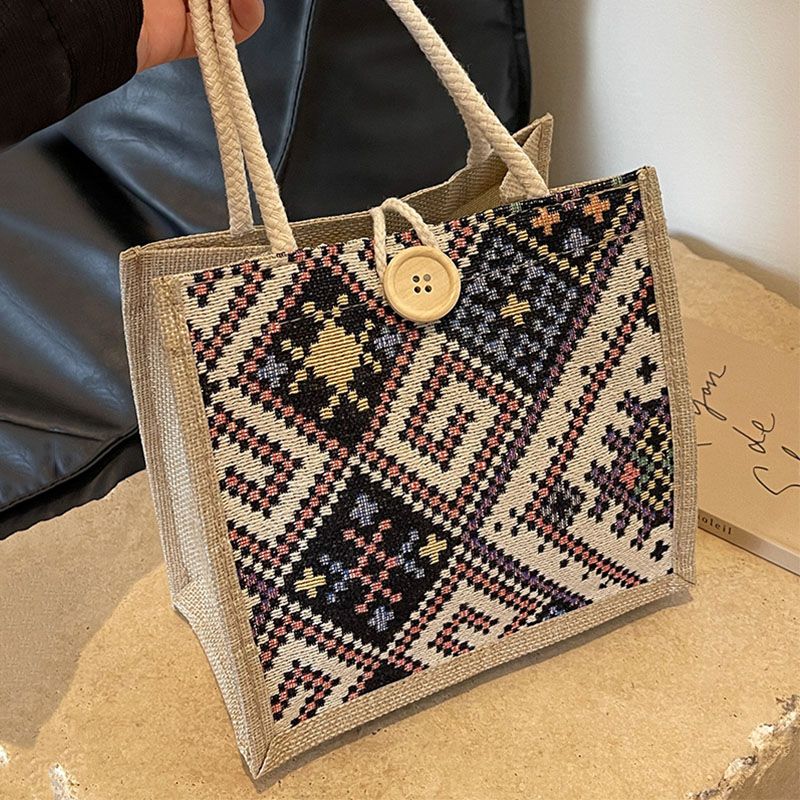 Women'S Bags Top-Handle Bags National Style Canvas Bag Women'S New Fashion Outing Portable Linen Lunch Box Lunch Bag Hand-Held Mommy Bag Handbag
