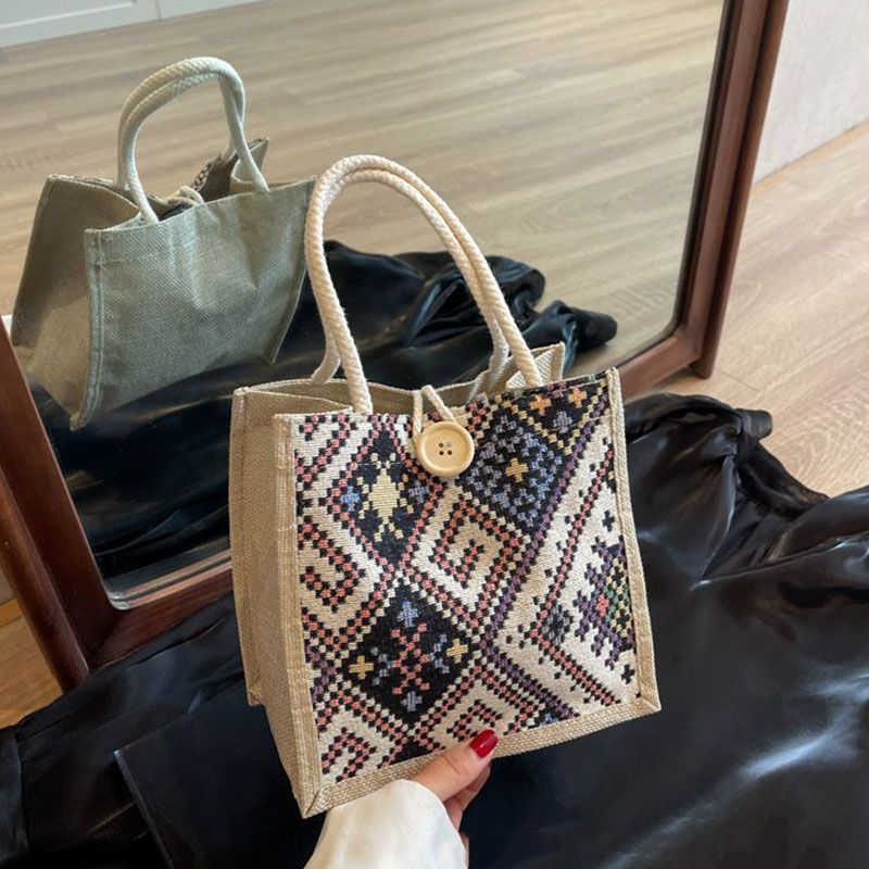 Women'S Bags Top-Handle Bags National Style Canvas Bag Women'S New Fashion Outing Portable Linen Lunch Box Lunch Bag Hand-Held Mommy Bag Handbag